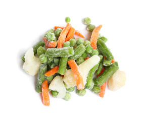 Pile of frozen vegetables isolated on white, top view