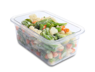 Frozen vegetables in plastic container isolated on white