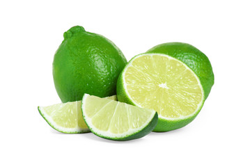 Fresh ripe green limes isolated on white