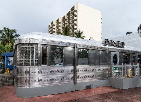 Facade Of Vintage Fast Food Restaurant The Diner In Miami, USA