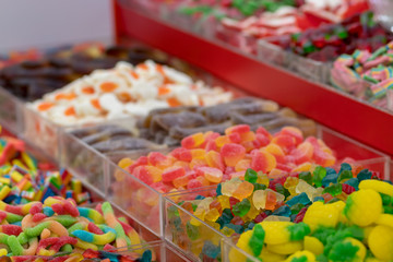 Rubber candies in all kinds of colors and flavors. In the form of hearts, teddy bears, bananas, stars, snakes and much more. Tasty fresh and good. Kosher Food, Mahane Yehuda Market, Jerusalem, Israel.