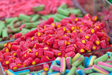 Rubber candies in all kinds of colors and flavors. In the form of hearts, teddy bears, bananas, stars, snakes and much more. Tasty fresh and good. Kosher Food, Mahane Yehuda Market, Jerusalem, Israel.