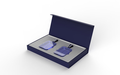 Two Glass perfume bottle mockup with open and closed package box on black background, 3d illustration.