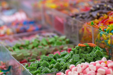 Rubber candies in all kinds of colors and flavors. In the form of hearts, teddy bears, bananas, stars, snakes and much more. Tasty fresh and good. Kosher Food, Mahane Yehuda Market, Jerusalem, Israel.