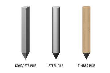 Concrete, steel and timber piles.