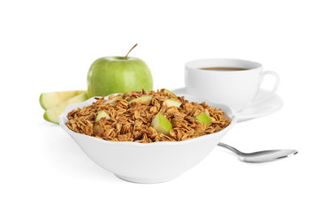 Tasty healthy breakfast with muesli on white background