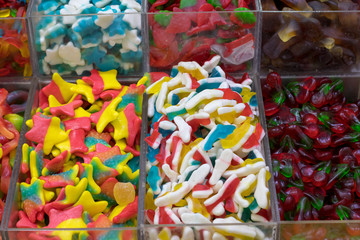 Rubber candies in all kinds of colors and flavors. In the form of hearts, teddy bears, bananas, stars, snakes and much more. Tasty fresh and good. Kosher Food, Mahane Yehuda Market, Jerusalem, Israel.