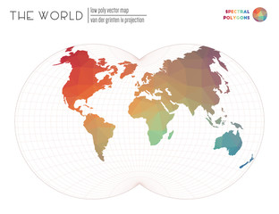 Low poly design of the world. Van der Grinten IV projection of the world. Spectral colored polygons. Modern vector illustration.