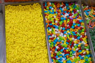 Rubber candies in all kinds of colors and flavors. In the form of hearts, teddy bears, bananas, stars, snakes and much more. Tasty fresh and good. Kosher Food, Mahane Yehuda Market, Jerusalem, Israel.