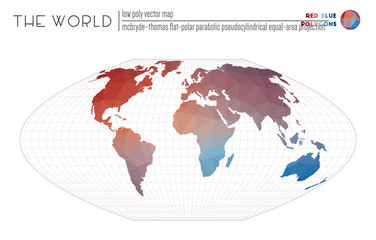World map with vibrant triangles. McBryde-Thomas flat-polar parabolic pseudocylindrical equal-area projection of the world. Red Blue colored polygons. Elegant vector illustration.