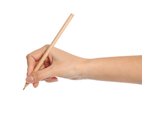 Woman holding ordinary pencil on white background, closeup