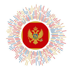 Montenegro sign. Country flag with colorful rays. Radiant sunburst with Montenegro flag. Vector illustration.