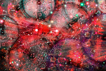 New Year's Eve midnight, red space clock