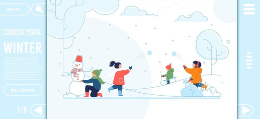 Landing Page with Happy Kids on Winter Walk Design