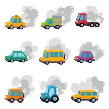 Cartoon Cars Throwing Out Smoke Vector Set