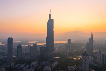 Fototapeta na wymiar Skyline of Nanjing City at Sunrise Taken with A Drone