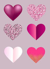 set of hearts, pink color, sequins and realistic. vector