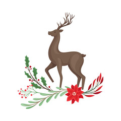 Standing Brown Deer and Winter Twigs and Flower Composition Beneath It Vector Illustration