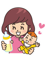 赤ちゃんに哺乳瓶に入ったミルクを飲ますお母さん