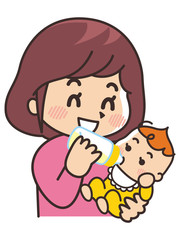 赤ちゃんにミルクを飲ますお母さん