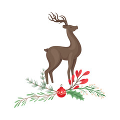 Standing Brown Deer and Winter Twigs and Flower Composition Beneath It Vector Illustration