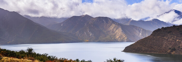 Panoramic view of Pyramid Lake on a rainy day; Los Angeles County, California; Pyramid Lake...