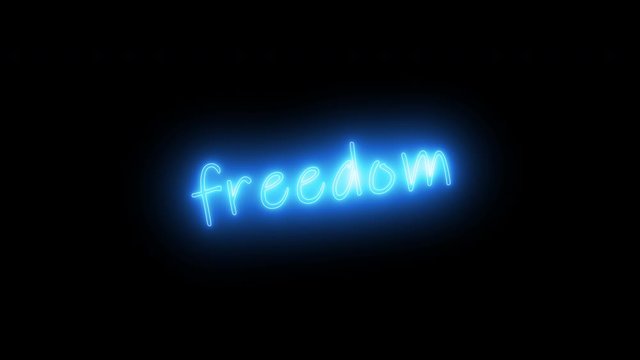 Freedom neon sign fluorescent light glowing on signboard background. Text free by freedom lights signboard in dark night. The best stock freedom neon flickering, flash, blinking color back background