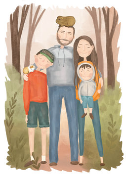 A happy family. Cute cartoon dad, mom, daughter and baby.