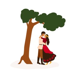 Gypsy couple meeting flat vector illustration. Sweethearts embracing near tree cartoon characters. Young boy and girl dating. Romany lovers romantic relationship. Beautiful Gypsy woman with beloved.