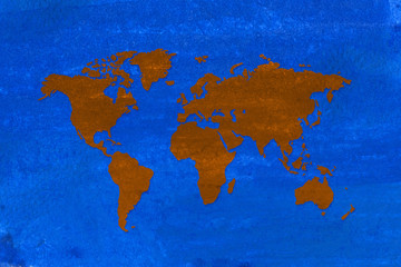 brown world map on blue shade color abstract watercolor