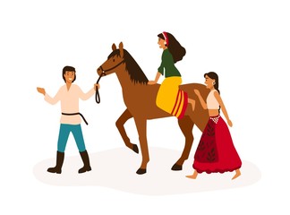 Gypsy youth having fun flat vector illustration. Romany friends, traveling nomads riding horse cartoon characters. Young man and girl on horseback. Nomadic lifestyle, freedom concept.