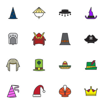 Carnival party headdress elements collection, headgear flat icons set, Colorful symbols pack contains wizard hat, elf cap, pharaoh, pirate, cowboy, leprechaun. Vector illustration. Flat style design