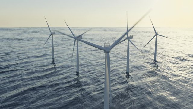 Wind turbines generating alternative clean green energy, wind farm in the ocean, climate change solution, aerial 3d render