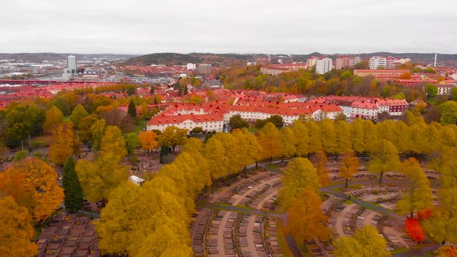 Aerial drone above Gothenburg graveyard, Sweden.Orbit rotation view of &ouml;stra Kyrkog&aring;rden cemetery