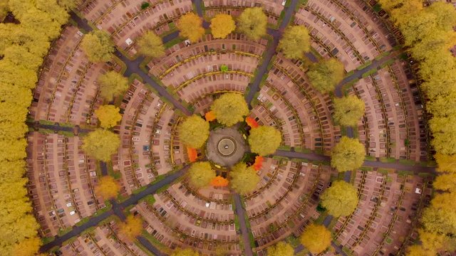 Aerial drone above Gothenburg graveyard, Sweden.Orbit rotation view of &ouml;stra Kyrkog&aring;rden cemetery