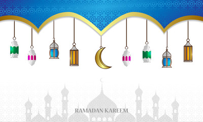 Vector Ramadan Kareem cards. Vintage banner with lanterns for Ramadan wishing. Arabic shining lamps. Decor in Eastern style. Islamic background. Cards for Muslim feast of the holy of Ramadan month.