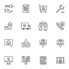 Real estate line icons set. linear style symbols collection, outline signs pack. vector graphics. Set includes icons as auction gavel, logistic delivery truck, for sale and rent signboard, house sold