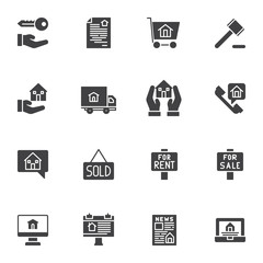 Real estate vector icons set, modern solid symbol collection, filled style pictogram pack. Signs, logo illustration. Set includes icons as auction gavel, logistic, for sale rent signboard, house sold