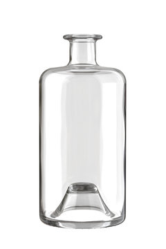 Empty Clear Glass Pharma Flint Liquor Bottle Isolated On White Background. 3D Close-Up Illustration.