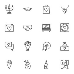 Romantic love line icons set. Valentines day linear style symbols collection, outline signs pack. vector graphics. Set includes icons as burning candles, bed, condom, calendar, flowers, wedding ring