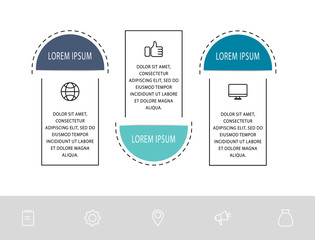 Vector infographic flat template. Shape with icons for three diagrams, graph, flowchart, timeline, marketing, presentation. Business concept with 3 labels