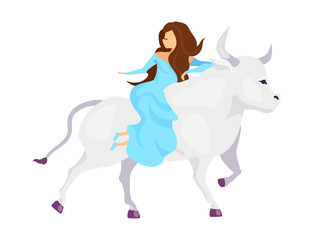 Abduction of Europa flat vector illustration. Fantastical beast kidnap princess. Woman in dress ride creature. Greek mythology. Girl on bull isolated cartoon character on white background - obrazy, fototapety, plakaty