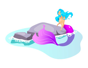 Siren flat vector illustration. Mythological beast swim in sea. Fairy monster on rock. Fantastical half-woman creature. Greek mythology. Mermaid on reef isolated cartoon character on white background
