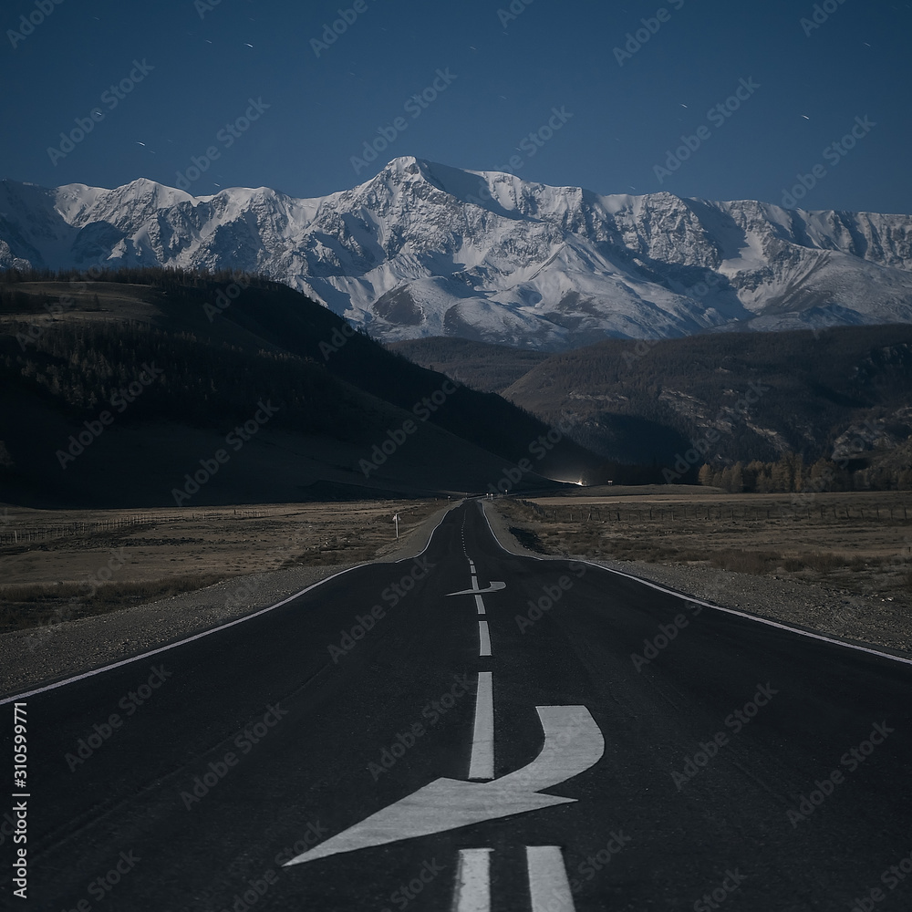 Wall mural night road in mountains. moonlight.