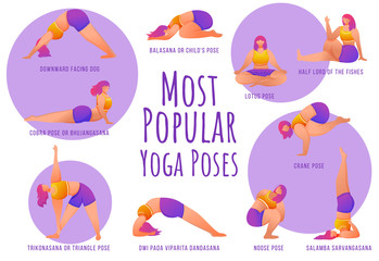 Popular yoga poses violet vector infographic template. Body positive females. Poster, booklet page concept design with flat illustrations. Advertising flyer, leaflet, banner with workflow layout idea