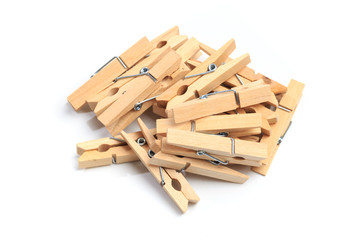 Brown wood clothes peg or clothespin on white background. - Image