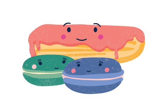 Cute eclair and macaroons flat vector illustration