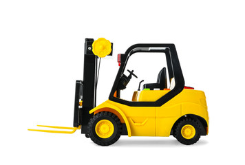 Toy forklift isolated on white. Logistics and wholesale concept