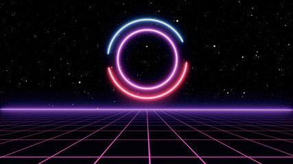 Retro 80s Sci-Fi Background Futuristic Grid landscape. Digital cyber surface style of the 1980`s. 3D illustration