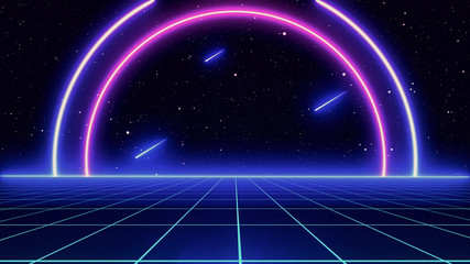 Retro 80s Sci-Fi Background Futuristic Grid landscape. Digital cyber surface style of the 1980`s. 3D illustration